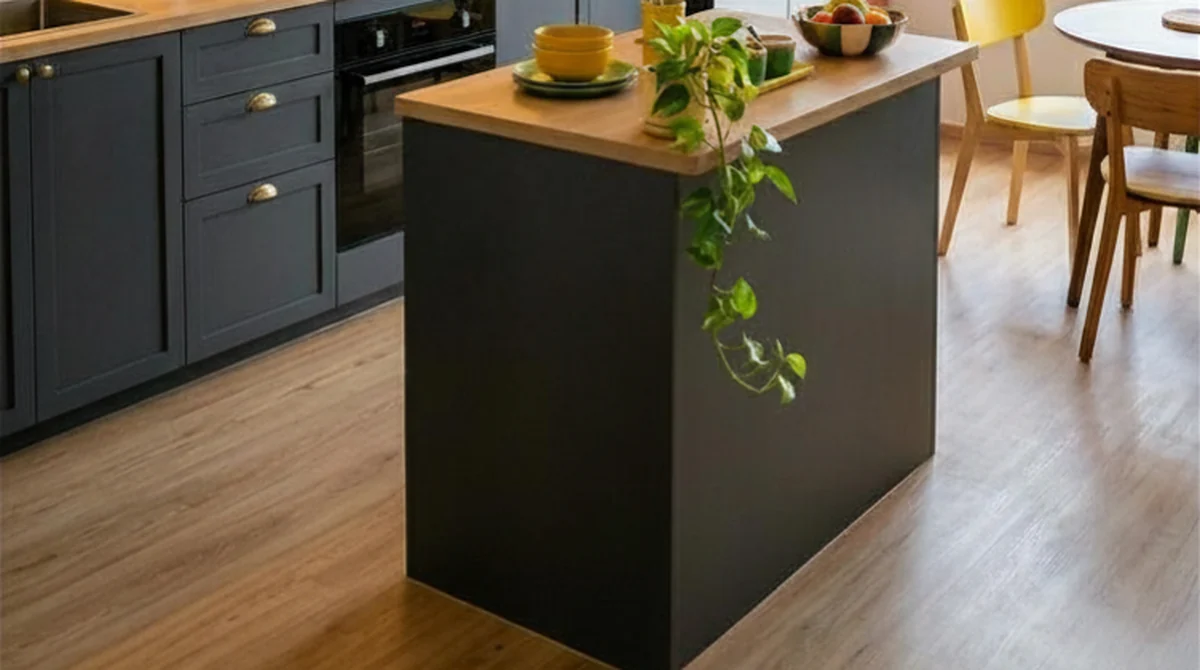 Vinyl flooring in a Singapore HDB kitchen and dining area, wood-look planks laid by LN Flooring