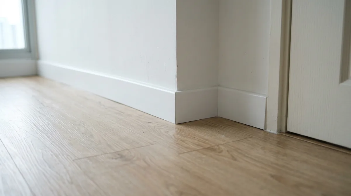 White PVC vinyl skirting along a light oak vinyl plank floor in an HDB bedroom, beside the edge of a door frame