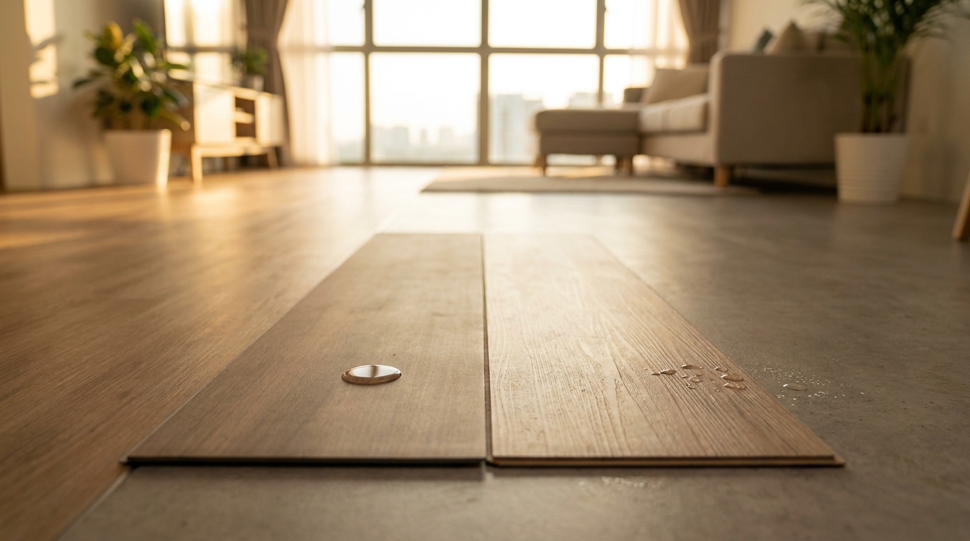 Vinyl vs laminate flooring in Singapore: a wood-look vinyl LVT plank shown beside a wood-look laminate plank in a bright modern HDB home