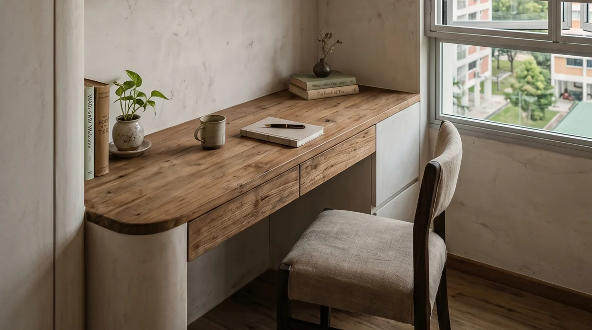 Vinyl vs laminate flooring in Singapore: wood-look plank flooring at an HDB study nook