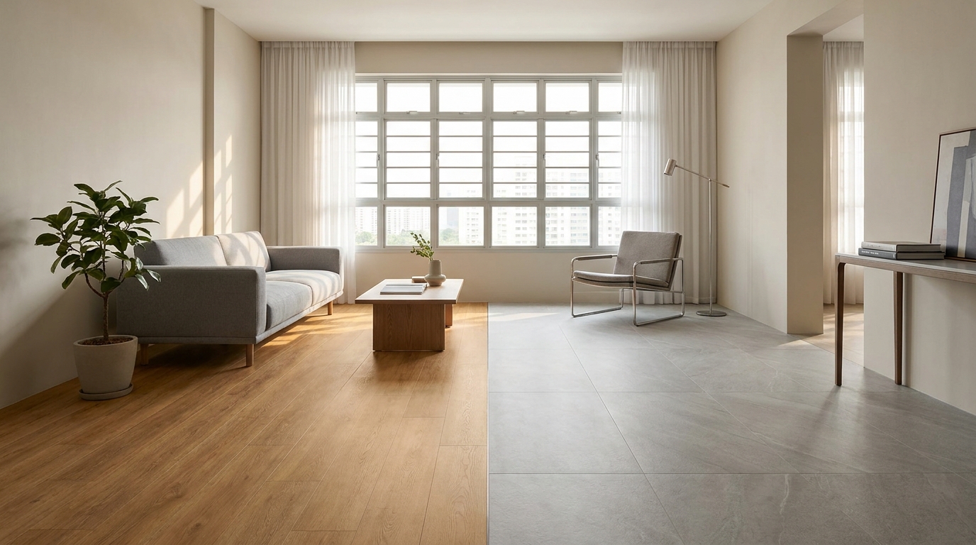 Vinyl flooring vs tiles Singapore: an HDB living room split between warm wood-look vinyl LVT planks and large-format grey porcelain tiles in natural daylight