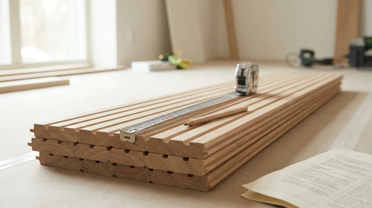 Stack of fluted wall panels with a tape measure and pencil laid across the top beside a quotation