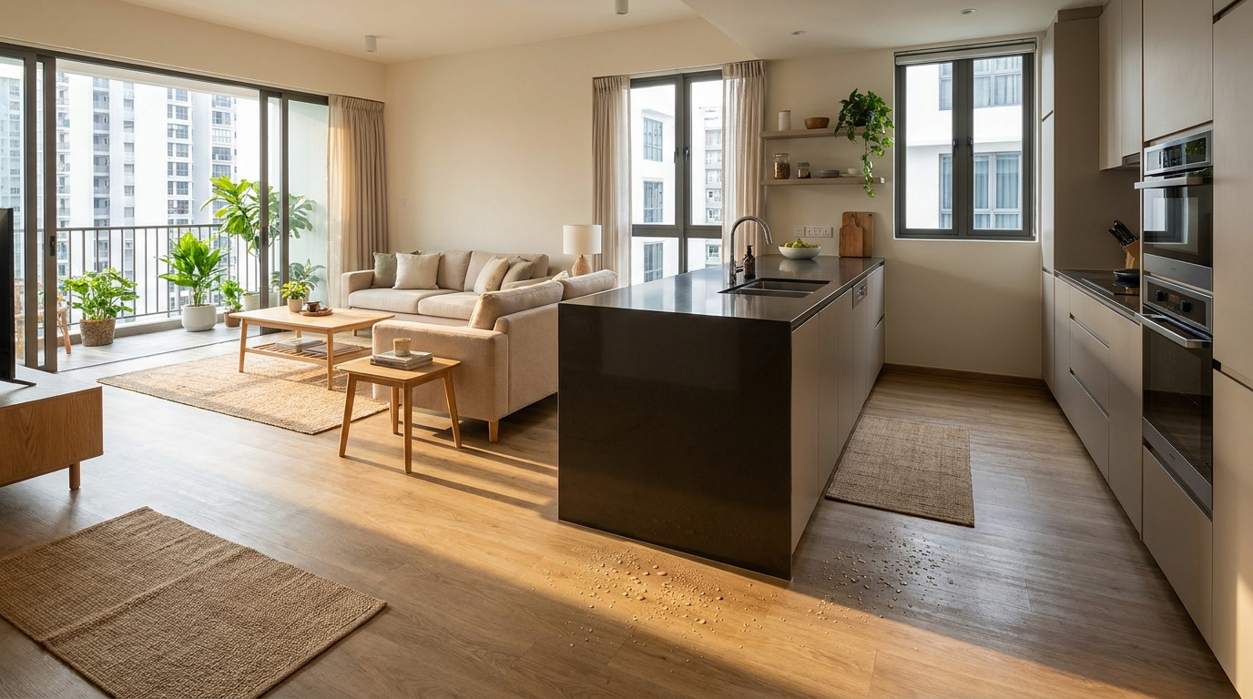 Waterproof flooring Singapore: a bright modern HDB living and kitchen area with 100% waterproof wood-look LVT vinyl flooring and warm natural light