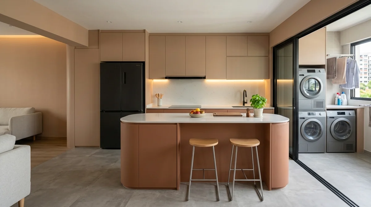 Waterproof flooring in Singapore: tiled floor running from an HDB kitchen into the service yard