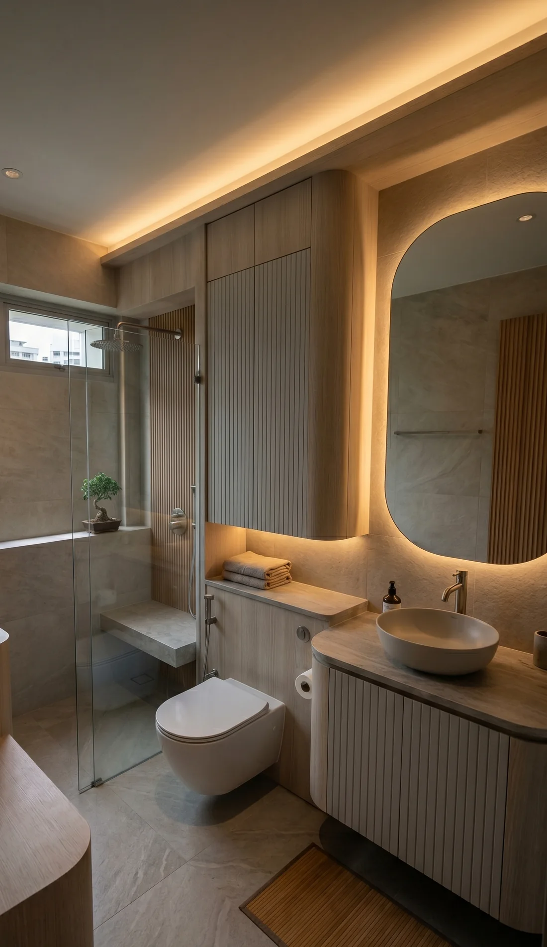 Tiled LN bathroom with a glass shower screen, large-format wall tile and a fluted vanity