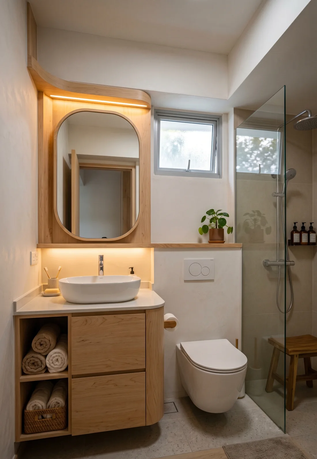 LN bathroom with a vessel basin, timber vanity and a glass-screened tiled shower area