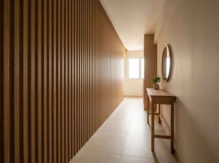 Mid-tone oak fluted wall panels lining one side of a narrow apartment entryway corridor