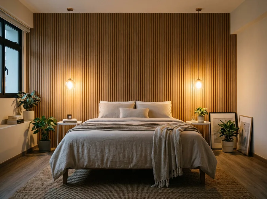 Warm oak fluted wall panels spanning a bedroom wall behind the bed as a headboard feature wall