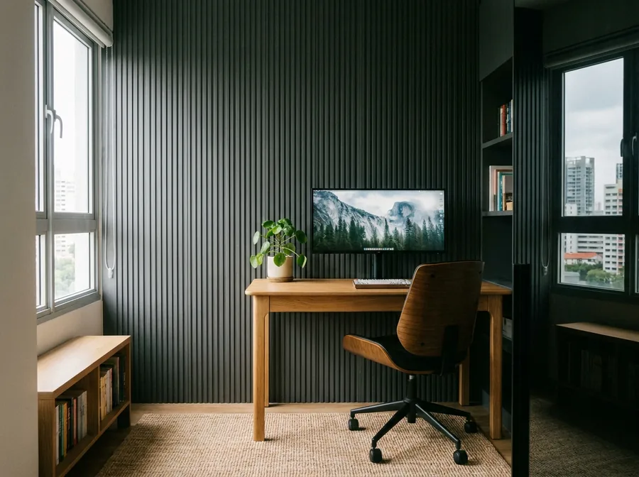Charcoal grey fluted wall panels forming a backdrop behind a home office desk