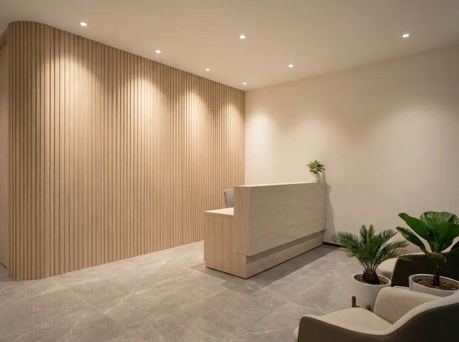 Pale oak fluted wall panels behind a reception desk in a small modern Singapore office
