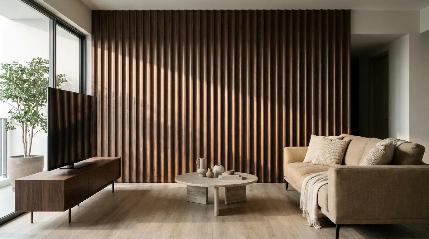 Dark walnut fluted wall panels forming a full-height TV feature wall in a Singapore condominium living room, above light oak vinyl plank flooring